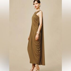 One-Shoulder Bronze Draped Evening Dress